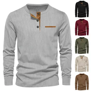 Camiseta Henley de pana para hombre, manga larga, corte ajustado, disponible en varios colores