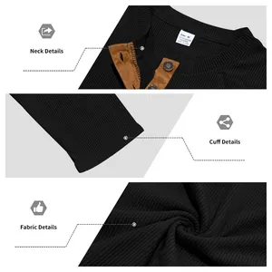 Vue détaillée du col, des poignets et de la texture du tissu d'un sweat-shirt côtelé noir pour hommes.