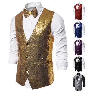 Herren Glänzende Pailletten Weste Bühnenperformance Weste Für Moderator Sänger Hochzeit MC Slim Fit V-Ausschnitt Top Mit Fliege