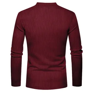 Back view of a men's slim fit maroon ribbed knit long sleeve t-shirt with corduroy texture