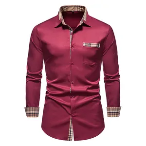 Vue détaillée d'une chemise bordeaux pour homme avec des garnitures à carreaux au col et aux poignets