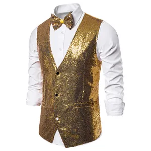 Glitzernde goldene Herren-Paillettenweste mit passender Fliege für Bühnenauftritte