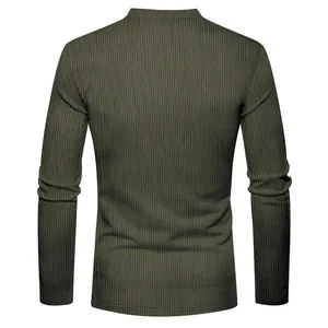 Back view detail of olive green men's slim fit ribbed long sleeve t-shirt for autumn