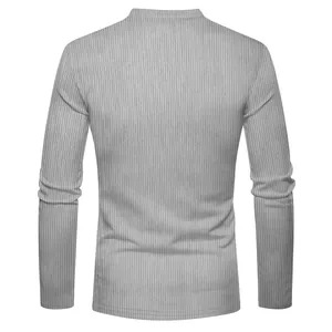 Back view of a grey men's slim-fit ribbed long sleeve casual T-shirt in corduroy.