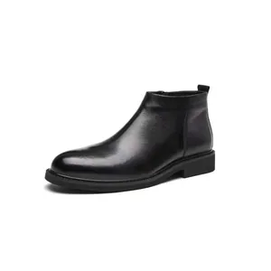 Herren Britischer Stil Chelsea Boots Top Grain Rindsleder Business Casual Seitlicher Reißverschluss Warm Herbst Winter Stiefel Schwarz