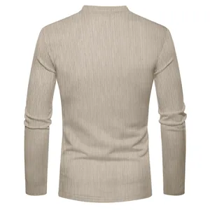 Detailed back view of men's slim fit long sleeve shirt with ribbed texture in khaki