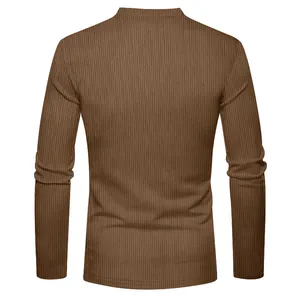 Detailed back view of a men's brown ribbed slim fit long sleeve casual shirt.
