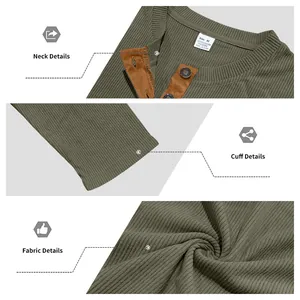 Gros plan sur la texture côtelée et le col d'un pull henley vert olive pour homme
