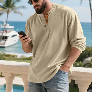 T-shirt Henley à manches longues en velours côtelé beige pour homme, style décontracté