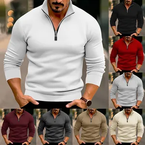 Heren slim fit T-shirt met lange mouwen, halve rits en opstaande kraag in diverse kleuren