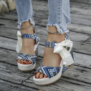 Women Ethnic Style Wedge Sandals Peep Toe Geometric Print Canvas Platform High Heels Bohemian Bow Tie Vacation Sandals