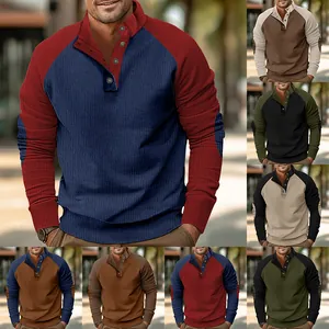Men's Outdoor Corduroy Color Block Sweatshirt Raglan Sleeve Stand Collar Button Henley Top Pullover Fashionable Casual Comfortable Sporty Sweatshirt