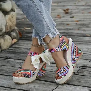 Ethnic style colorful wedge peep toe sandals featuring an elegant bow tie and thick sole design