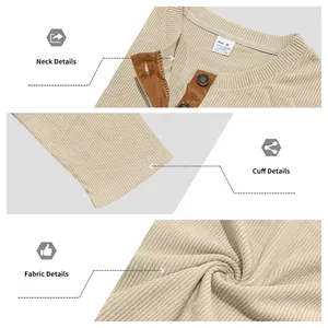 Vue détaillée du sweat en velours côtelé pour homme montrant le col, les poignets et le tissu.