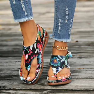 Floral print thong sandals with wedge heel and backstrap for women summer fashion