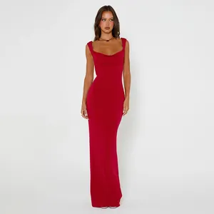 Full-length view of a glamorous red cowl neck maxi dress with elegant bodycon fit.