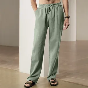 Casual herenpantalon in saliegroen met linnenlook en een comfortabele trekkoord in de taille