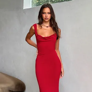 Elegant red cowl neck sleeveless bodycon midi dress for women shown on fashion model