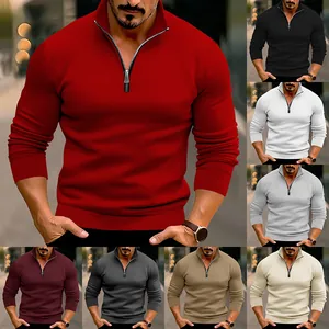 Heren Slim Fit Polo-Sweatshirt met Lange Mouwen en Kwartrits in Diverse Effen Kleuren