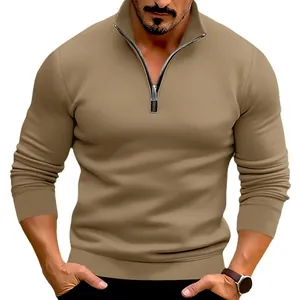 Casual slim fit heren poloshirt met halve rits in kaki, herfsttop met lange mouwen
