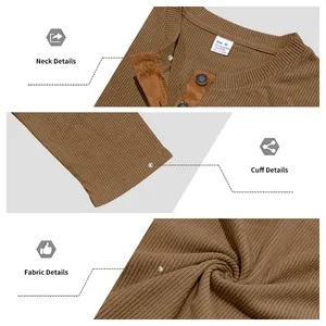 Détails du sweat en velours côtelé marron pour hommes montrant le col, le poignet et le tissu.