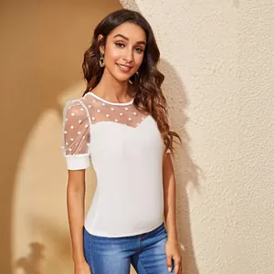 Elegantes weißes Damen-Kurzarm-T-Shirt mit schickem, transparentem Punkt-Netz-Patchwork-Design