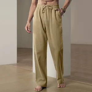 Heren minimalistische khaki katoenen linnen broek met een comfortabele taille koord