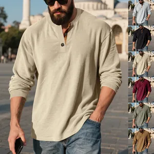 Sweat-shirt Henley en Velours Côtelé pour Hommes Manches Longues Couleur Unie Haut Pullover pour Mode de Rue Extérieur