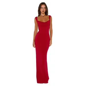 Elegant red sleeveless bodycon maxi dress with low-cut neckline on a professional model