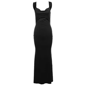 Elegant black sleeveless cowl neck maxi dress with a slim-fit bodycon silhouette.