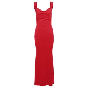 Elegant red sleeveless square neck backless bodycon floor length maxi dress for women