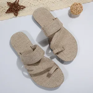 Bequeme flache Zehenring-Slipper aus Leinen für Damen in natürlichem Beige-Stil