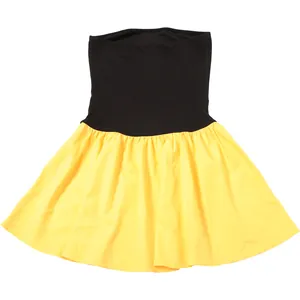 Front flat lay of a chic tube-top dress featuring black bodice and yellow pleated skirt.