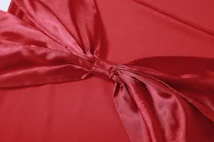 Detailed macro view of the elegant red satin bow decoration on a backless bodycon dress.