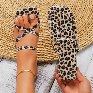 Stylish women's leopard print square toe flat sandals with trendy cross straps