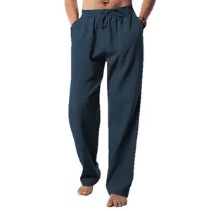 Heren casual marineblauwe broek met rechte pijpen, elastische taille, koord en zakken.