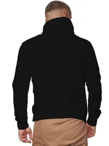 Back view of a classic plain black men's hoodie featuring a comfortable athletic fit
