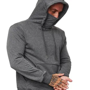 Men's Casual Integrated Mask Hoodie Tactical Style Long Sleeve Solid Color Polyester Pullover Sports Top With Kangaroo Pocket