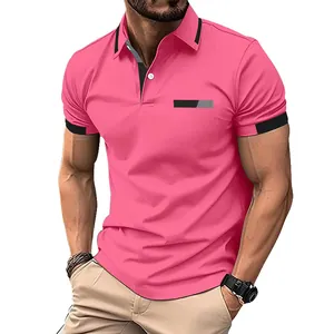 Rosa Herren-Poloshirt mit künstlicher Brusttasche und schwarzem Rand an Kragen und Ärmeln