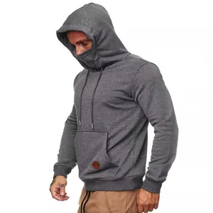 Men's grey sports hooded sweatshirt with built-in face mask and kangaroo pocket detail