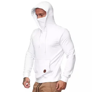 Men's white long sleeve hoodie with built-in face mask and front pocket for sports.