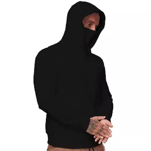 Felpa tattica nera da uomo con maschera facciale integrata per sport all'aperto e tempo libero