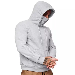 Men's light gray tactical hoodie with integrated face mask and front kangaroo pocket