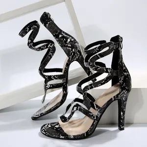 Detail view of snake pattern high heel sandals with stylish clear PVC straps.