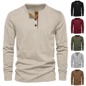 Men Long Sleeve Henley T-Shirt Corduroy Texture Slim Fit Solid Color Polyester Casual Top For Spring Autumn