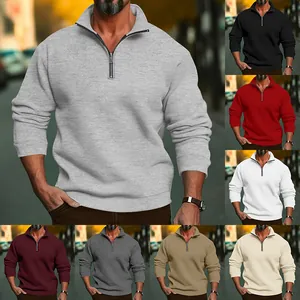 Felpa da Uomo Casual con Collo Alto e Mezza Cerniera Tinta Unita Pullover in Pile a Manica Lunga Autunno Primavera