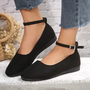 Damen Casual Wildleder Knöchelriemen Flache Schuhe Frühling Herbst Runde Zehe Bequeme Mama Schuhe Rutschfeste Gummisohle Schuhe