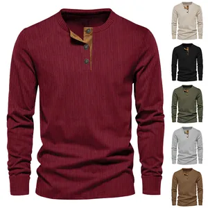 Men's slim fit corduroy Henley long sleeve shirt available in multiple solid colors