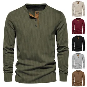 Close-up of men's ribbed Henley long sleeve t-shirt in olive green with color options