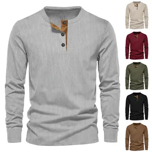 Men's ribbed corduroy Henley long-sleeved shirt shown in multiple color options
